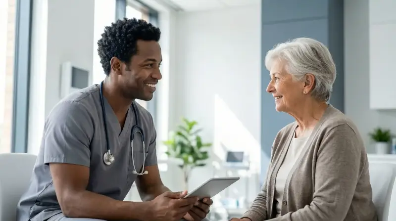 Médico conversando empáticamente con una paciente